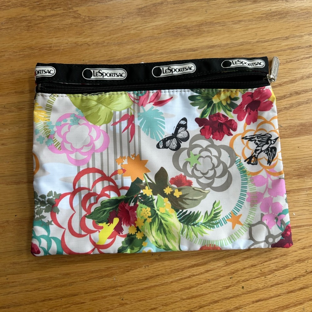 LeSportsac Tropical Floral Cosmetic Bag Pouch Butterfly Bird Print 9”x7” - Picture 2 of 6